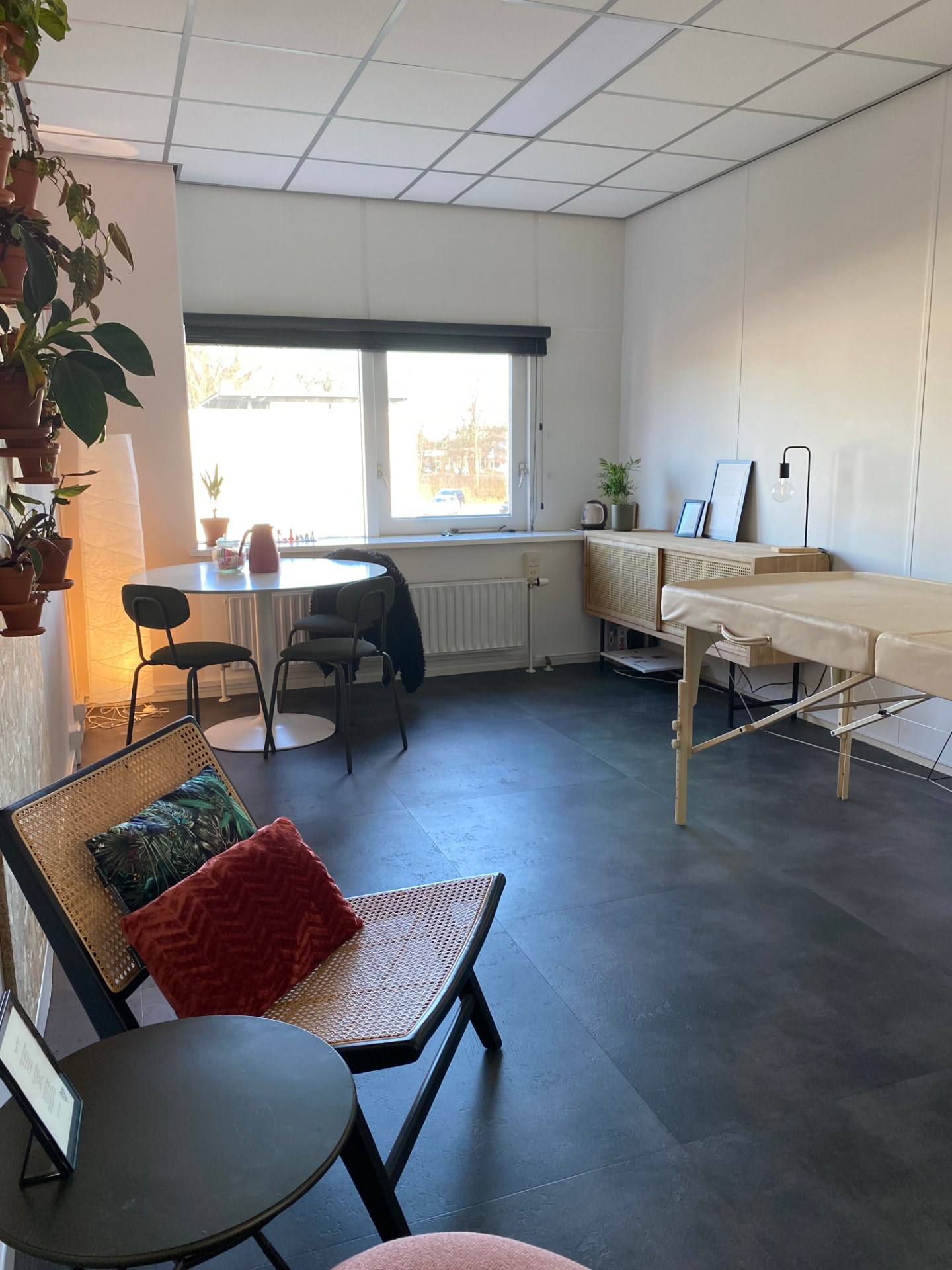 Lichte praktijkruimte met behandeltafel, planten en zithoek